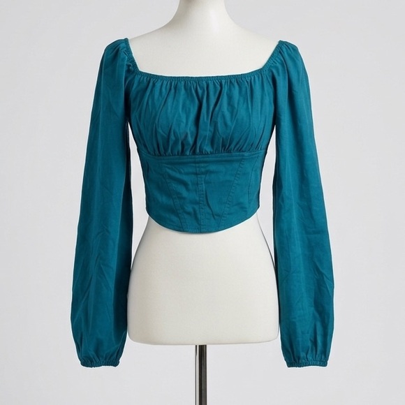 Japna Tops - Jaspa Teal Long Sleeve Corset Crop Top Smocked Back Small